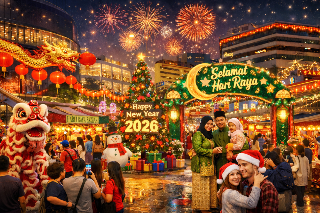 Festive street bazaar in Singapore celebrating Hari Raya, Christmas, and New Year with lights, lanterns, fireworks, and a multicultural crowd