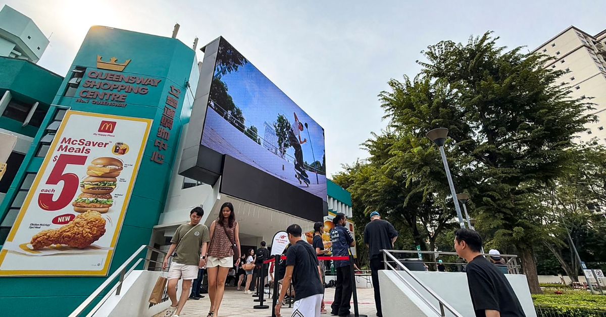 A skateboarder featured on the high-impact digital LED billboard by The Perfect Media at Queensway Shopping Centre.