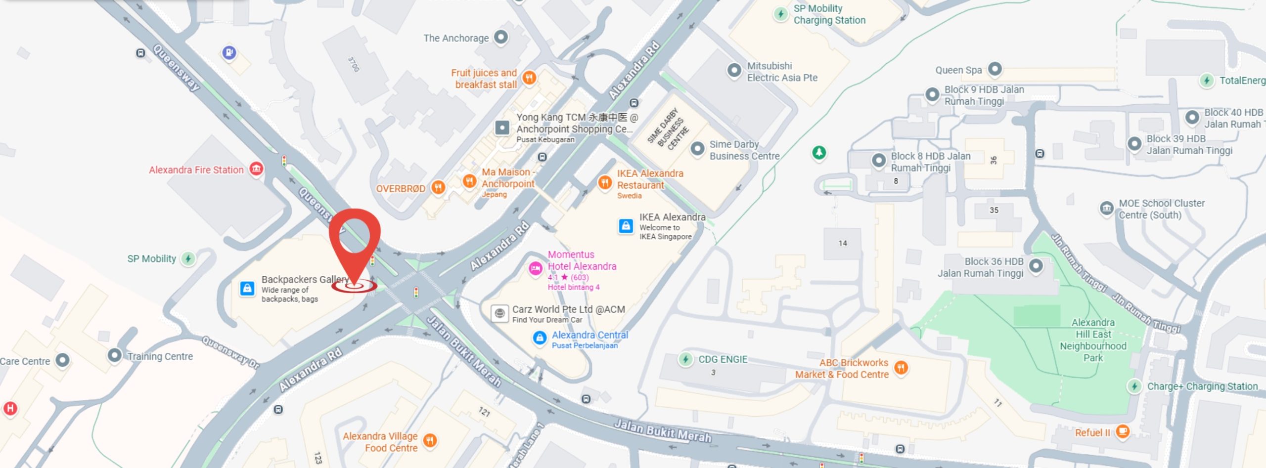 Map location of the outdoor LED billboard at Queensway Shopping Centre, Alexandra Road, Queenstown, Singapore by The Perfect Media.